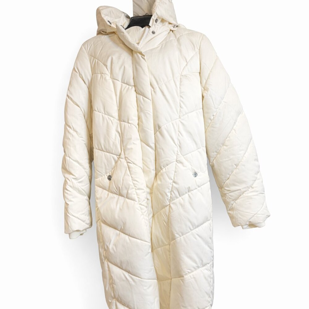 Steve Madden Long Chevron Maxi Puffer Coat Hooded Winter Jacket Size Medium